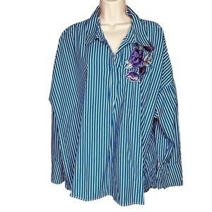 New Directions Curvy Blue & White Striped Floral Embroidered Women’s Top Size 3X